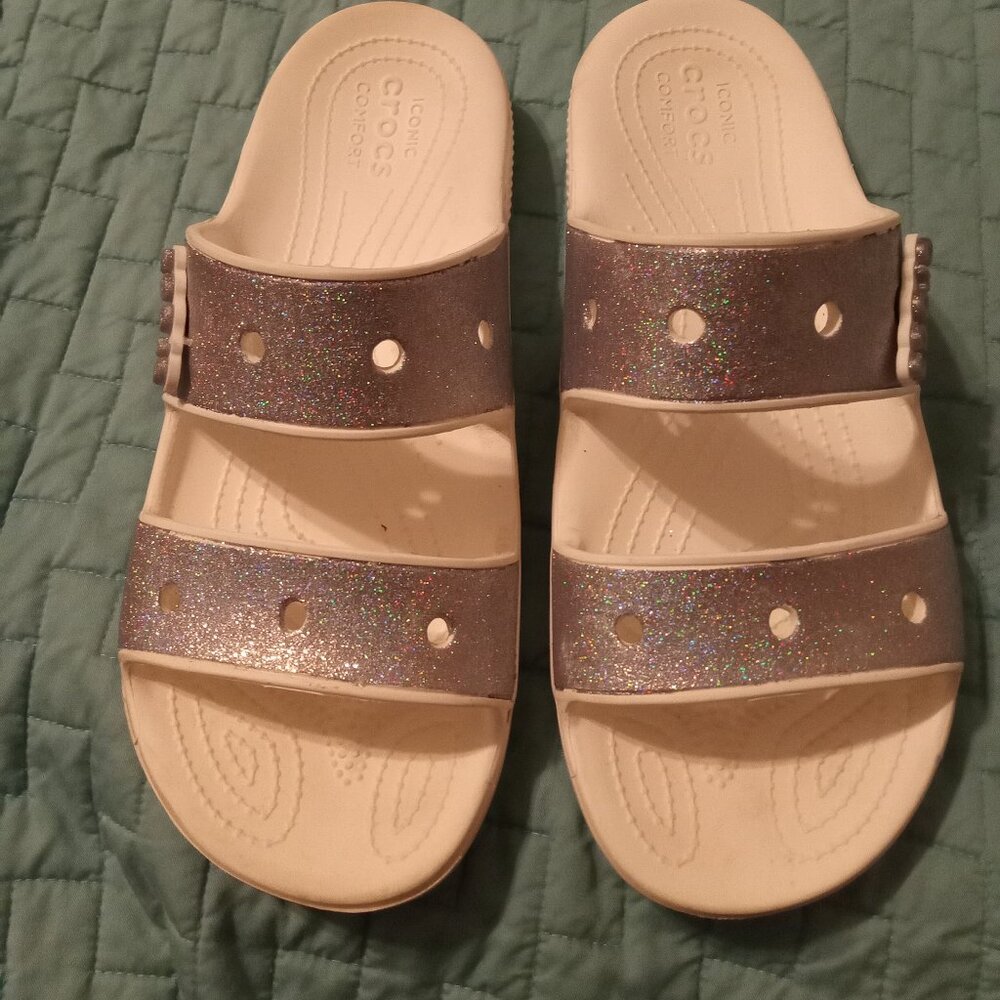 Crocs,Sz.11 White and Silver Slips